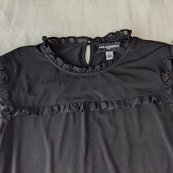 Karl Lagerfeld Black Long Sleeve Ruffle Chest Blouse Medium - Picture 2 of 10